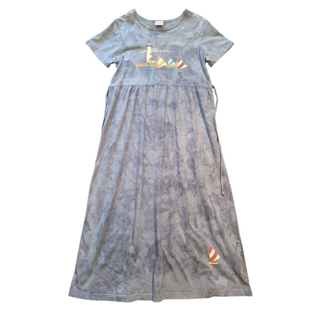 Vintage Cactus Bay T-Shirt Dress Women's Large Blue Tie Dye Lighthouse Sailboat